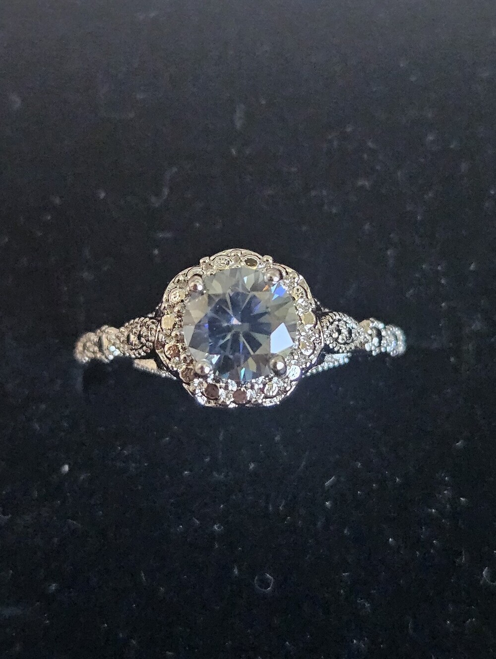 Silver Toned Blue Round Brilliant Cut Moissanite Ring